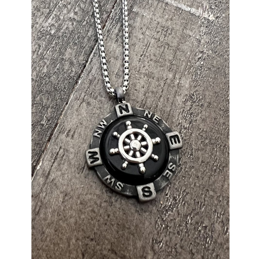 Titanic Stainless Steel Onyx Compass Necklace