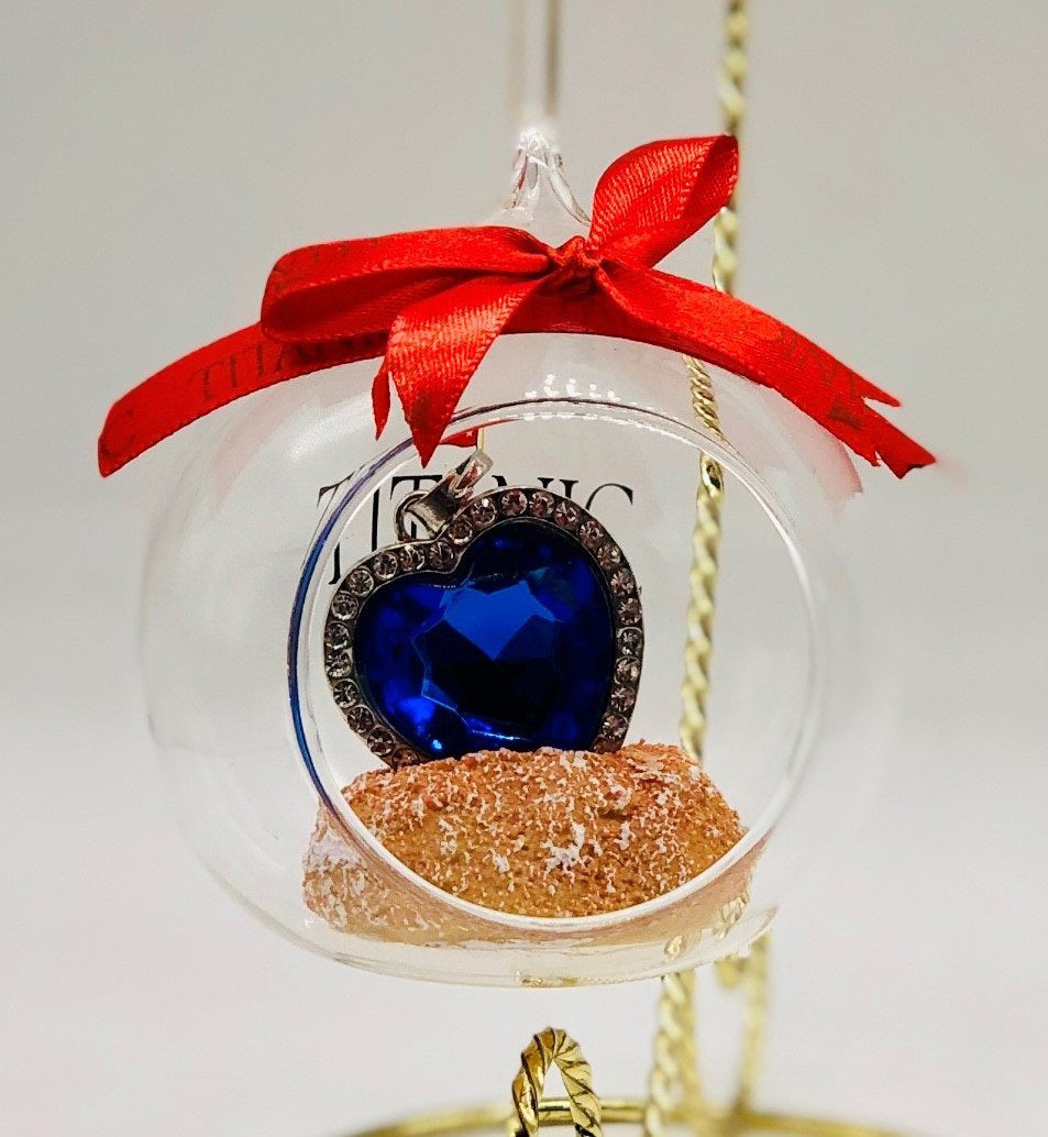 Open Glass Titanic Blue Heart in Sand Ornament