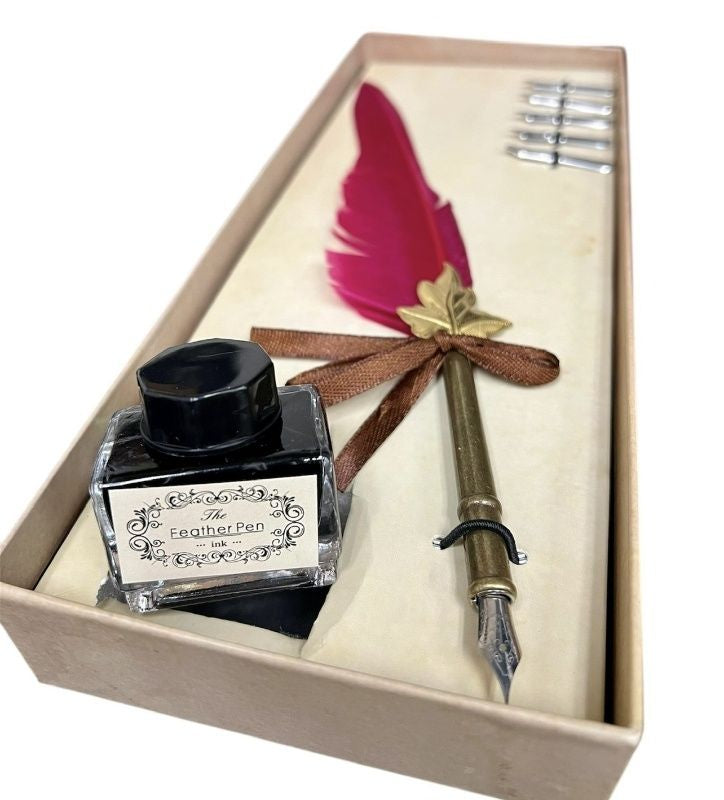 Closeup showing ink well jar and vintage pen tip.