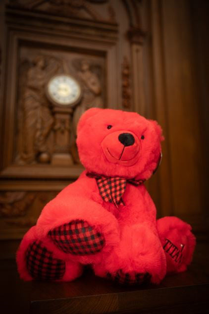 A plush red bear with red and black plaid paws and ribbon sitting in front of the grand staircase clock.