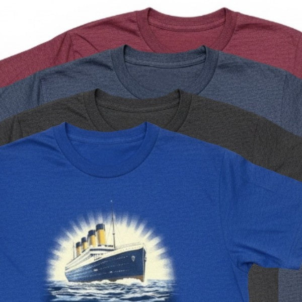 Four shirts in different colors laying stacked on top of each other, bright royal blue, graphite gray, denim navy, and burgundy red.