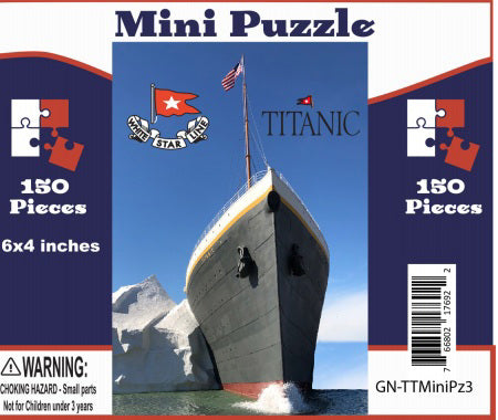 The label from the tube shaped puzzle container. It shows a color photo of the Titanic Museum Attraction which recreates the moment the real Titanic struck the iceberg.