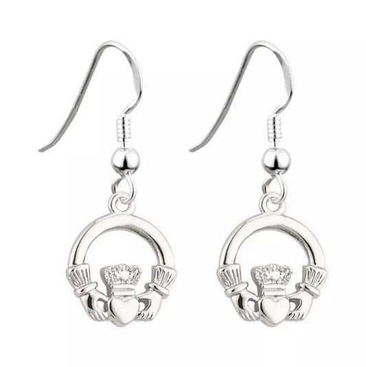A pair of silver-tone rhodium claddagh drop earrings. A claddagh is an arch with two hands holding a heart with a crown.