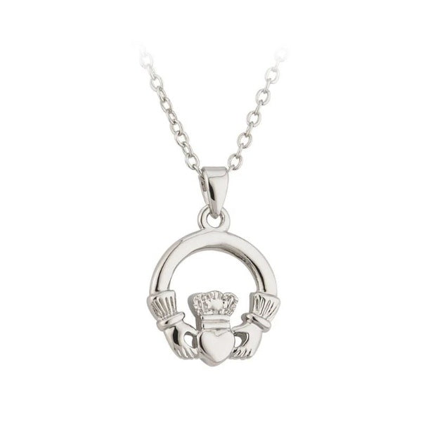 A small silver-tone rhodium claddagh necklace pendant. It is an arch with two hands holding a heart with a crown.