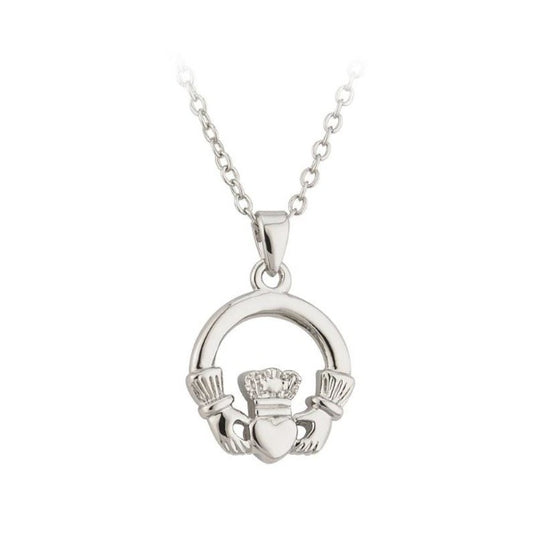 A small silver-tone rhodium claddagh necklace pendant. It is an arch with two hands holding a heart with a crown.