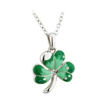 A silver-tone shamrock pendant with green leaves that are light in the center and dark on the edges, accented with green and clear crystals.