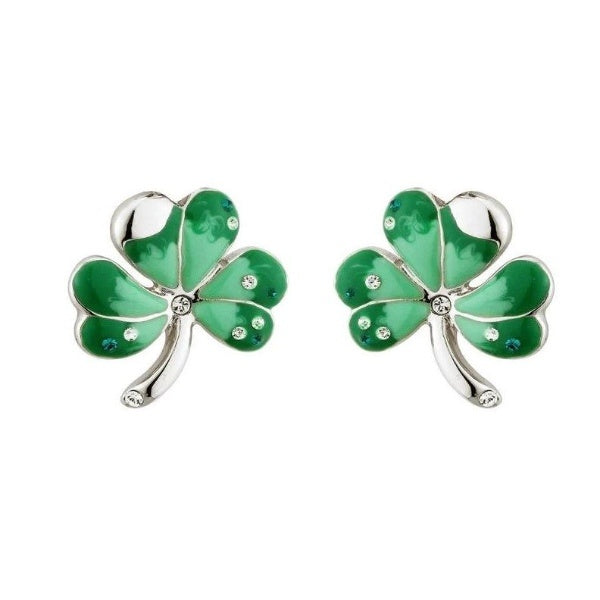 Silver-tone shamrock stud earrings with green leaves that are light in the center and dark on the edges, accented with green and clear crystals.