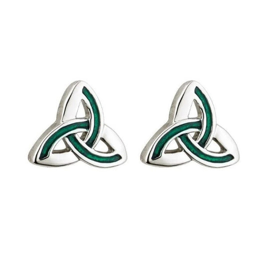 A pair of silver-tone rhodium trinity knot stud earrings accented with green enamel filling on half of each line.