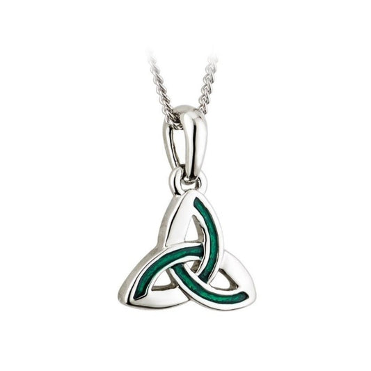 A silver-tone rhodium trinity knot necklace pendant accented with green enamel filling on half of each line.