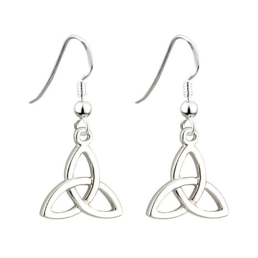 A pair of standard hook drop earrings with a simple silver-tone Rhodium trinity knot dangling from each.