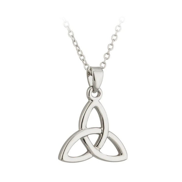 A simple silver-tone rhodium plated trinity knot pendant on an 18 inch chain.