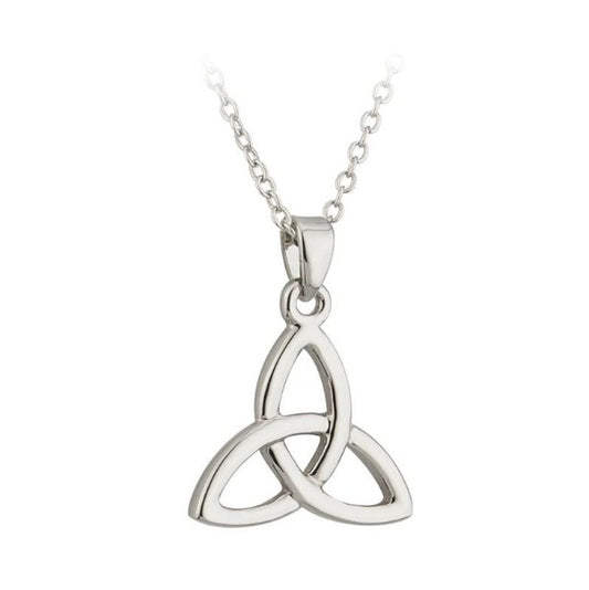 A simple silver-tone rhodium plated trinity knot pendant on an 18 inch chain.