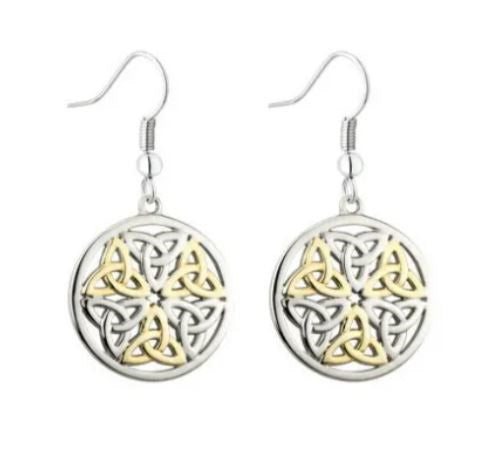 A pair of round drop earrings decorated with a mix of silver-tone and gold-tone trinity knots.