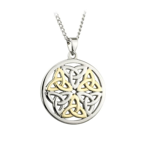 A round drop necklace pendant decorated with a mix of silver-tone and gold-tone trinity knots.