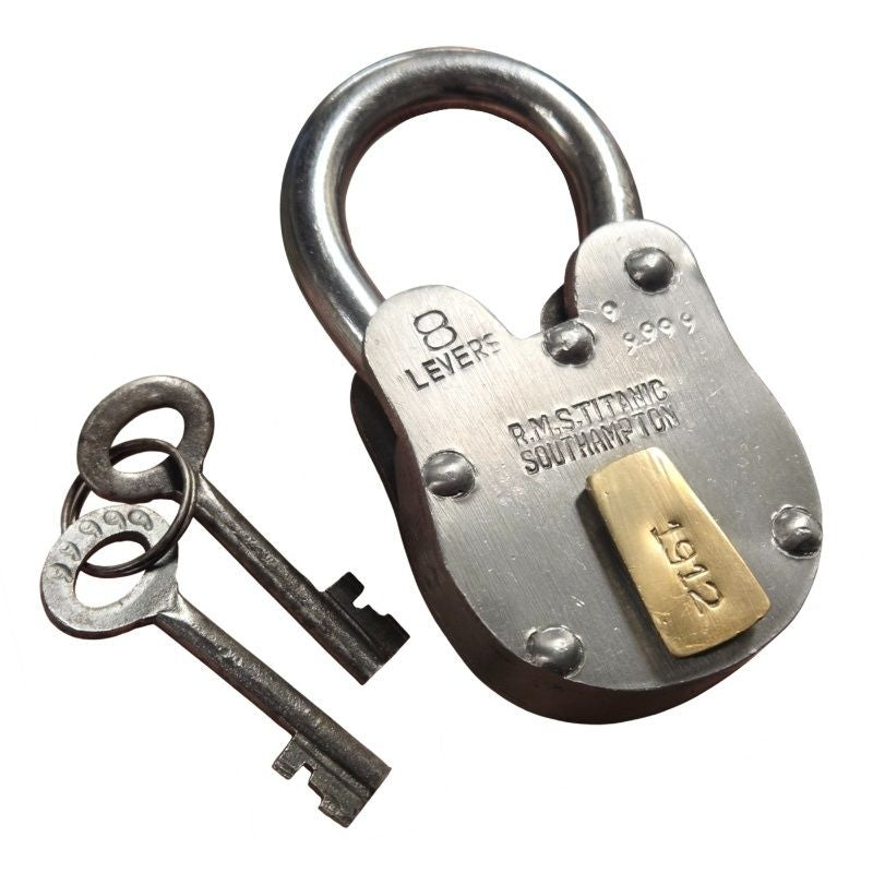 Large metal lock that says 8 levers, RMS Titanic Southampton, 1912, and a matching identification number on the lock and keys.