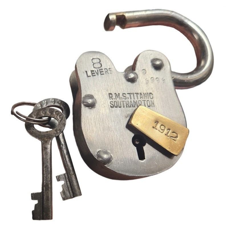 Large lock in the open position, with a gold-tone keyhole cover moved to show the keyhole.
