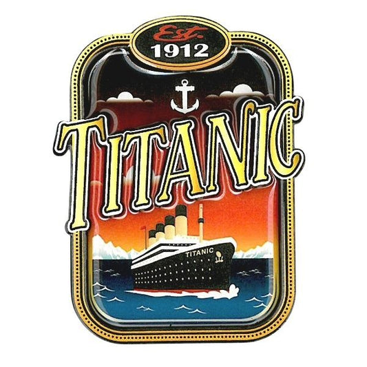 A magnet that says Titanic Est. 1912 with dynamic lettering styles atop an illustration of the ship sailing at dusk. Finished with a glossy epoxy coat.