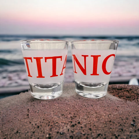 TITANIC SHOT GLASS IN RED OR BLUE LETTERING