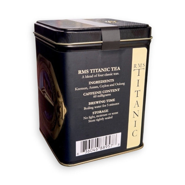 The side of the tea tin states RMS Titanic Tea. A blend of four classic teas. Ingredients. Keemun, Assam, Ceylon, Oolong. Caffeine content is 60 milligrams. Brewing Time calls for boiling water for five minutes. Store tightly sealed in a dark, dry, scent free space.