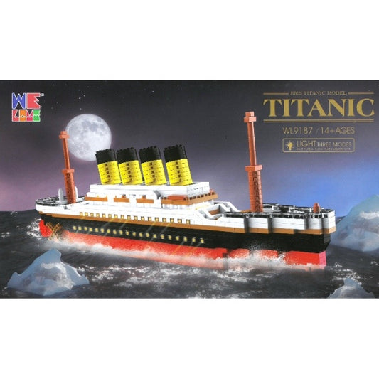 A detailed miniature building block set of the Titanic featuring light-up windows.