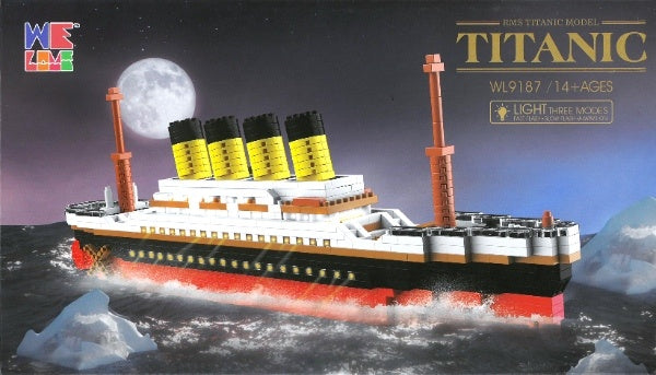 A detailed micro block kit of Titanic with light-up windows.
