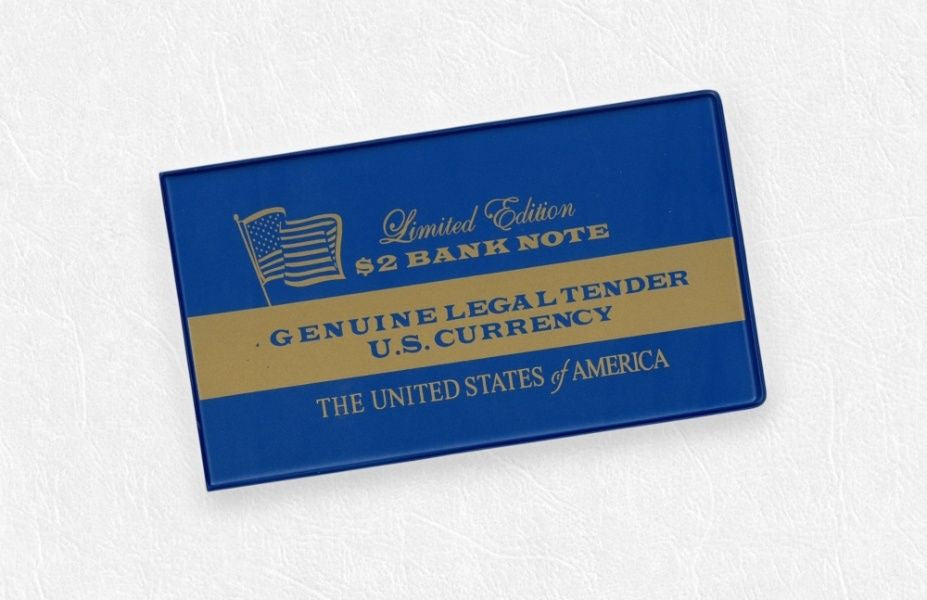 The front of the collector case that protects the limited edition Titanic $2 bank note, stating it is genuine legal tender.