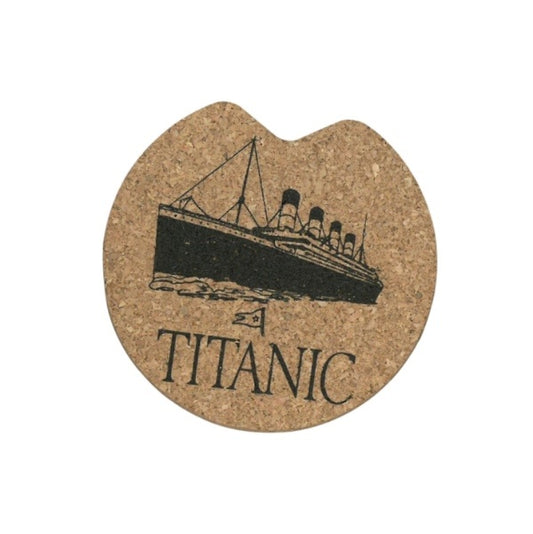 A small coaster for car cup-holders printed with a black illustration of the Titanic.