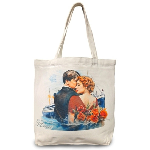 A couple in formalwear rendered in watercolor style on a large white canvas tote bag with handles.