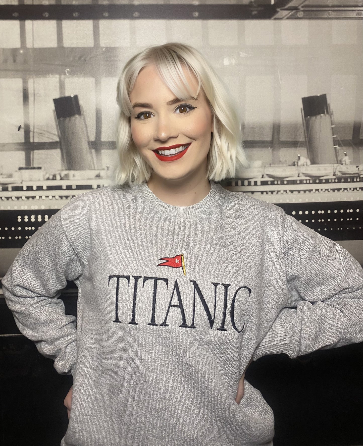 Titanic Embroidered Crewneck Sweatshirt in Salt and Pepper Grey