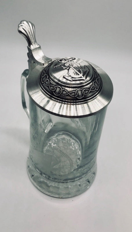 Top of glass Titanic stein is a metal lid with embossed anchor and nautical imagery.