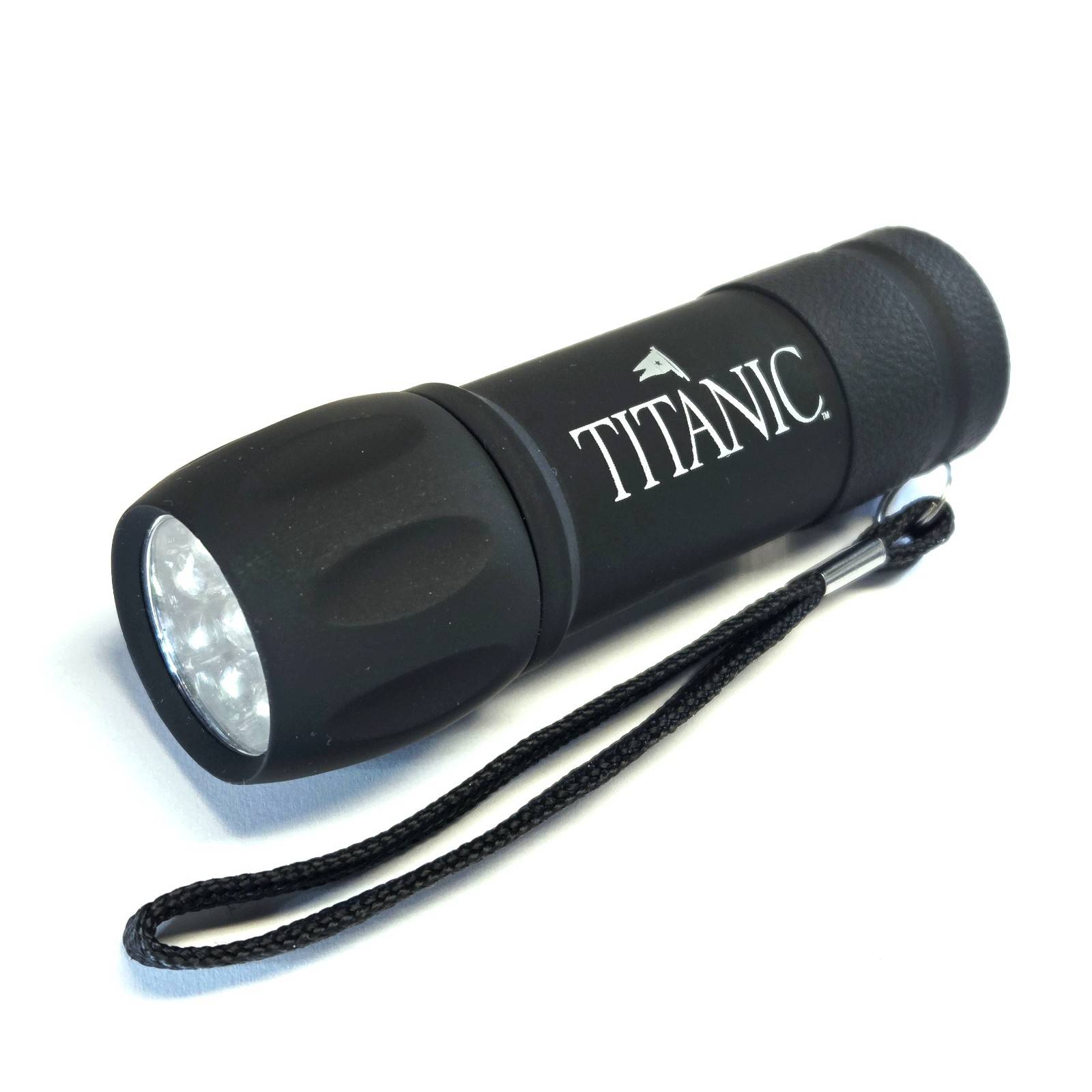 A black mini flashlight with white Titanic logo and attached loop strap.