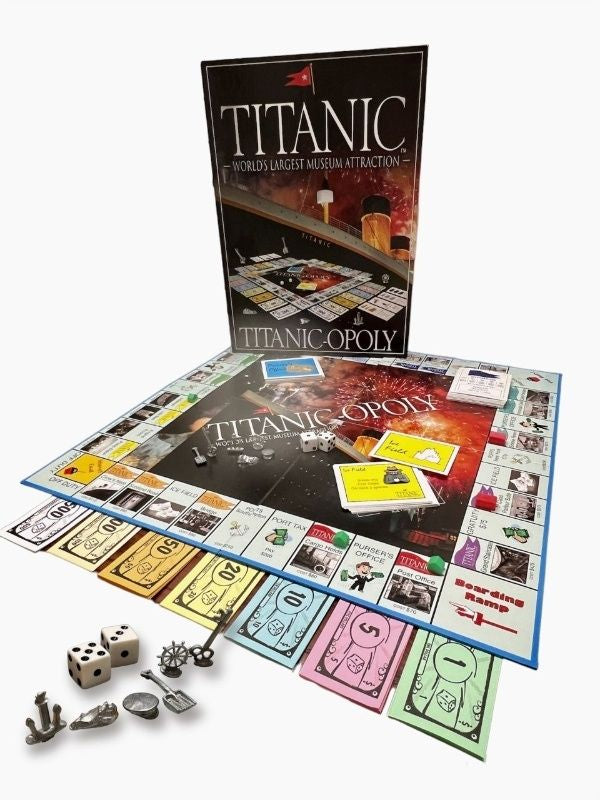 The board has Titanic-inspired spaces to buy and sell with pretend money. You begin at the "Boarding Ramp."