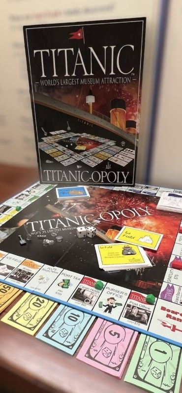 The Titanic-opoly game set up on a table ready for a family to play.