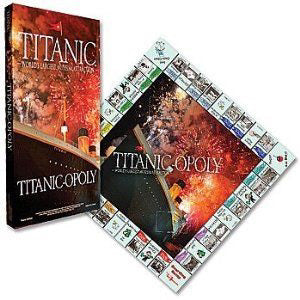 The Titanic-Opoly board game's box features a picture of the Titanic Museum Attraction with bright red and orange fireworks behind it, the same image is shown in the center of the monopoly-style playing board.