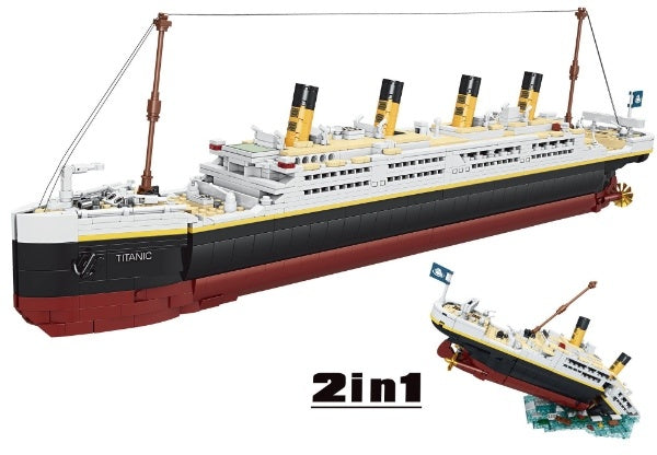 A large building block model of the Titanic that can be displayed either fully intact or breaking in half while sinking.