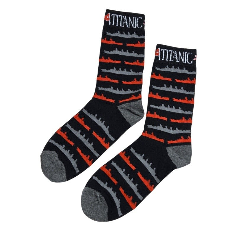 Black Titanic socks with grey and red ship silhouettes, and grey heel and toe accent colors.