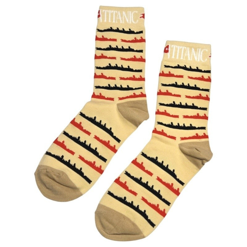 Tan Titanic socks with black and red ship silhouettes, and a dark beige heel and toe accent color.