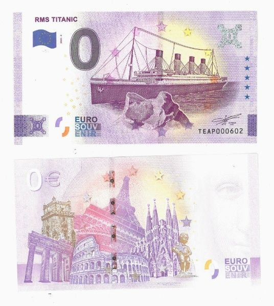 The front of the Titanic zero Euro note shows the ship nearing an iceberg, and the back features a selection of European architectural marvels.
