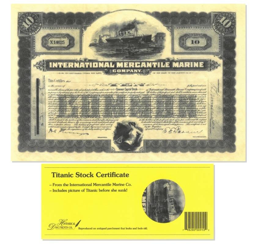 A replica of a common stock certificate for the Titanic shown with the yellow envelope it will arrive in. The replica is printed on antiqued paper that looks and feels vintage.
