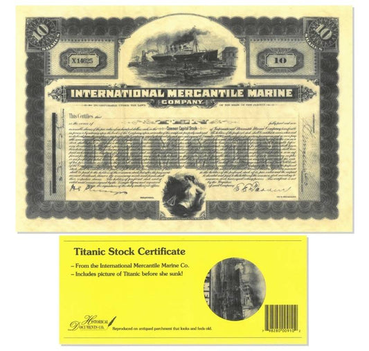 A replica of a common stock certificate for the Titanic shown with the yellow envelope it will arrive in. The replica is printed on antiqued paper that looks and feels vintage.