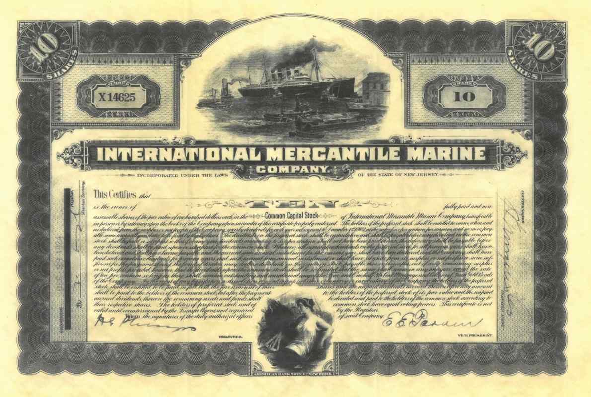 A replica stock certificate from the Titanic with an image of the ship at the top, "10 Shares" written in two corners, and an image of a woman reclining at the bottom. A large block of cursive script writing is in the middle, there is a spot where the collector can write their own name in.