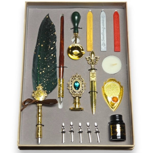 Titanic Green Feather Quill and Wax Seal Calligraphy Set