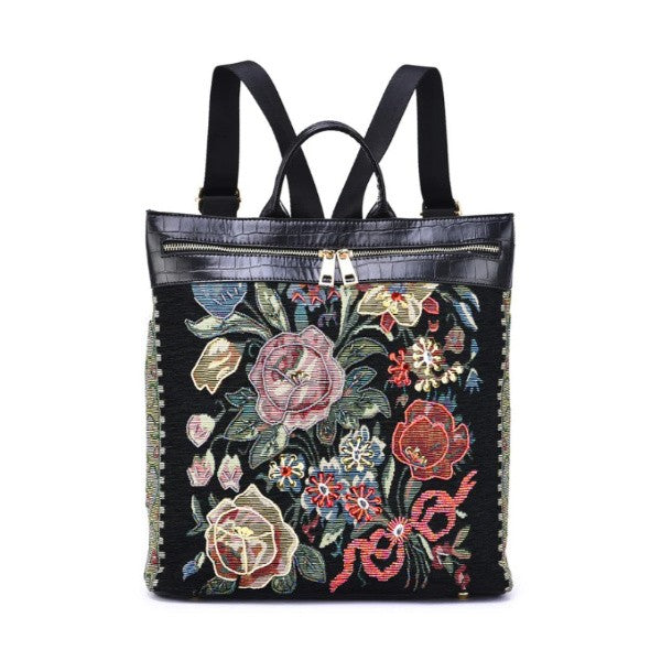 Vintage Beaded Backpack - Flower Shop Tapestry Black