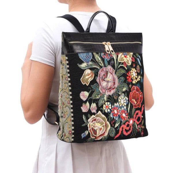Vintage Beaded Backpack - Flower Shop Tapestry Black