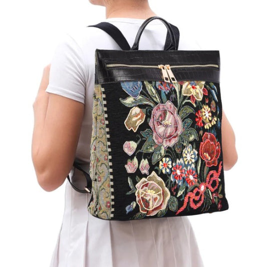 Vintage Beaded Backpack - Flower Shop Tapestry Black