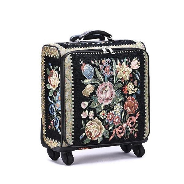 Vintage Beaded Rolling Suitcase - Flower Shop Tapestry Black