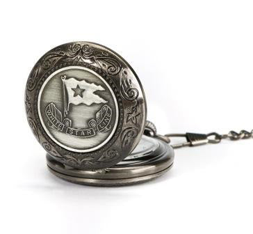 Dark silver-tone pocket watch with swirls design on border and pewter White Star Line flag emblem.