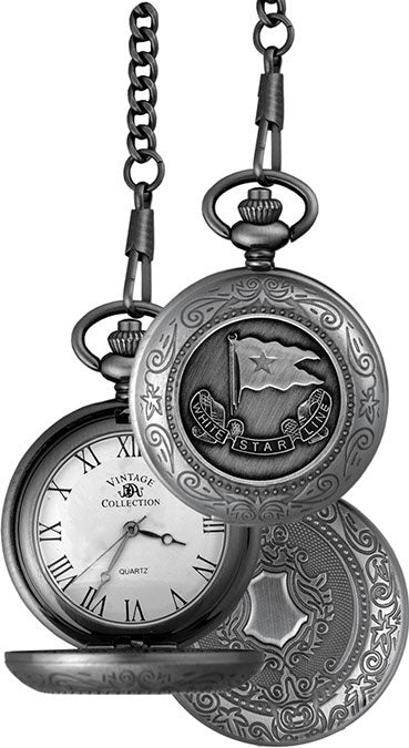 Front, back, and open view of vintage White Star Line pocket watch. The back has a shield design.