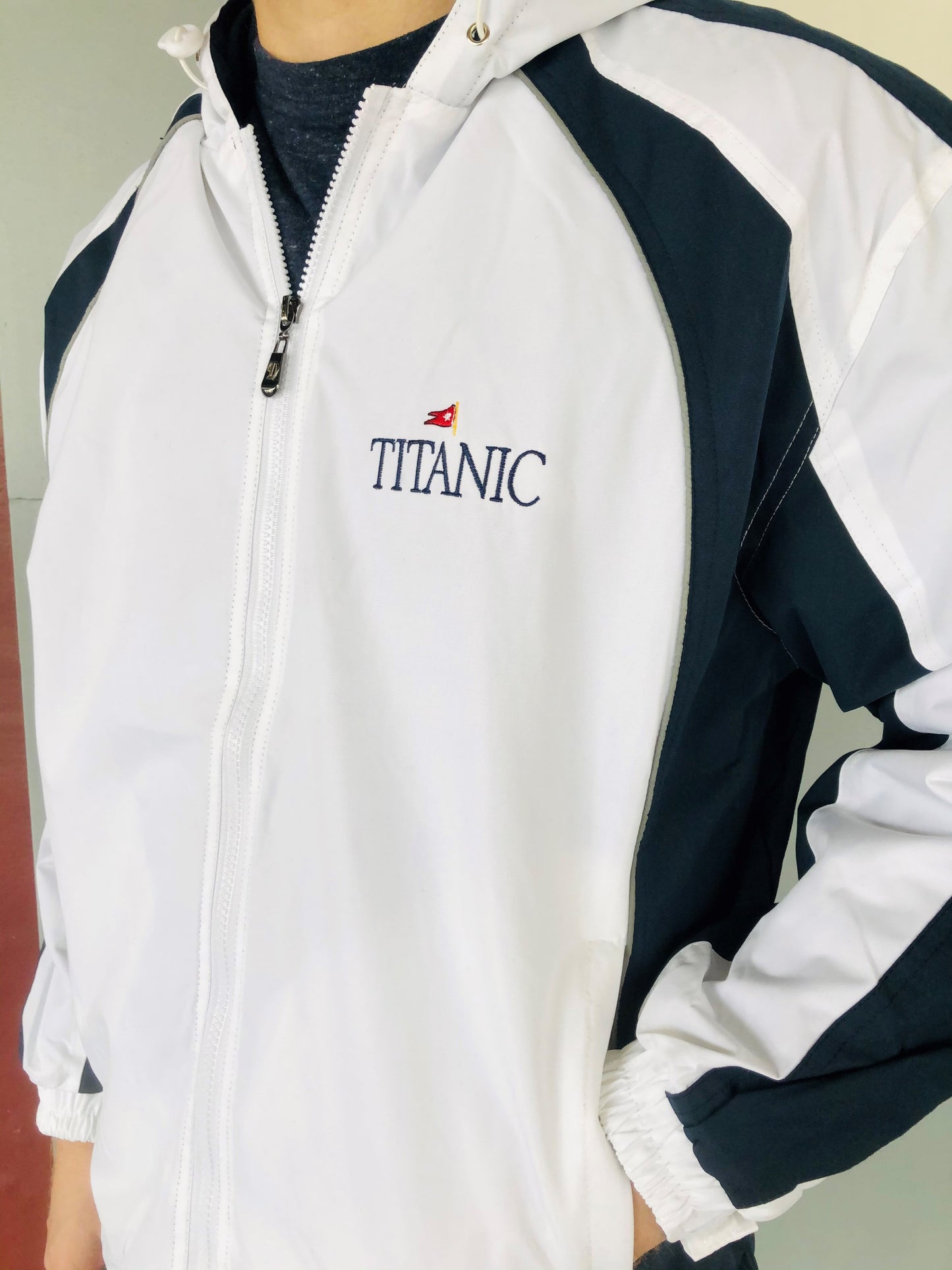 White Hooded Jacket with Vertical Navy Stripes
