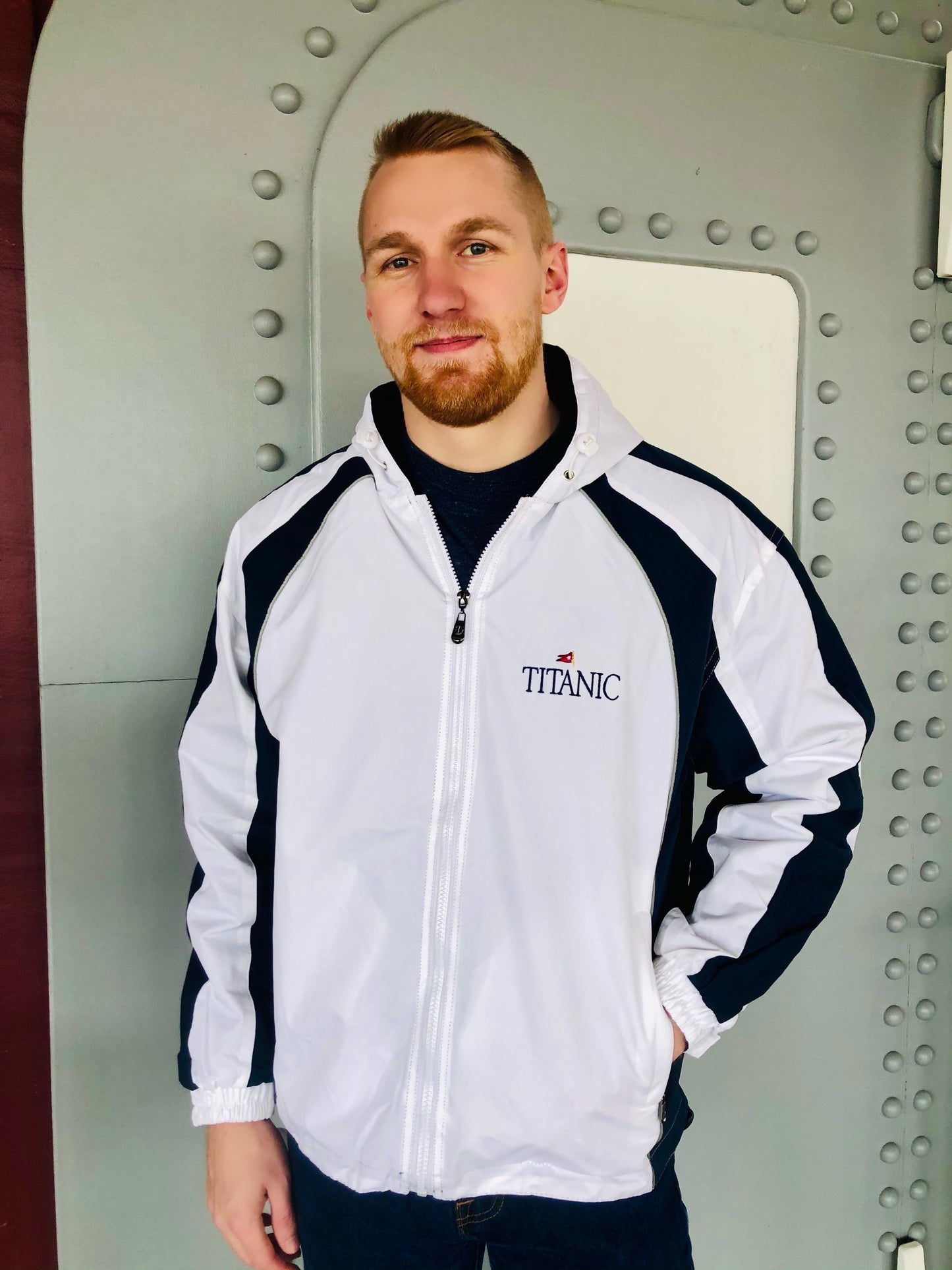 White Hooded Jacket with Vertical Navy Stripes